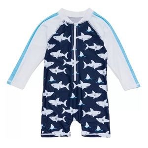 NWT Moki Sea Size 4T Sharks Long Sleeve Sunsuit in Navy/White